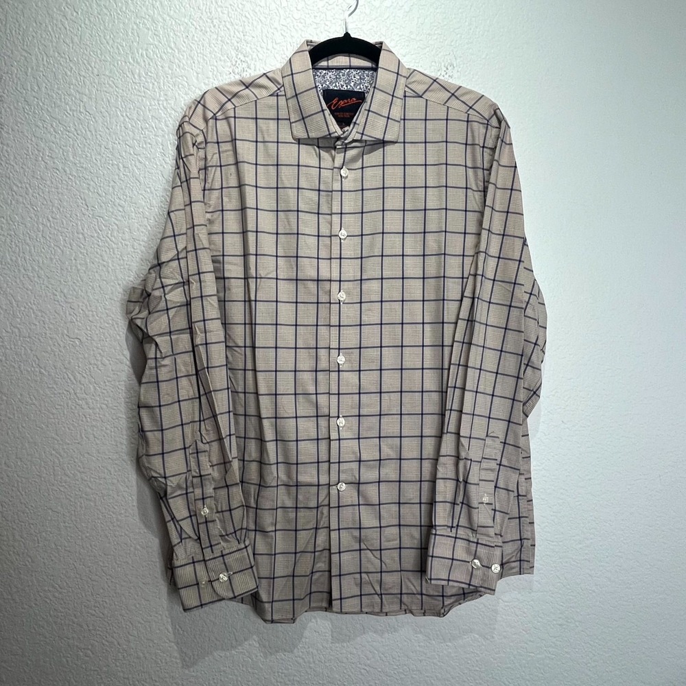 Egara Shirt Mens Large Beige Blue Dudley Glen Plaid Slim Fit Stretch Non Iron